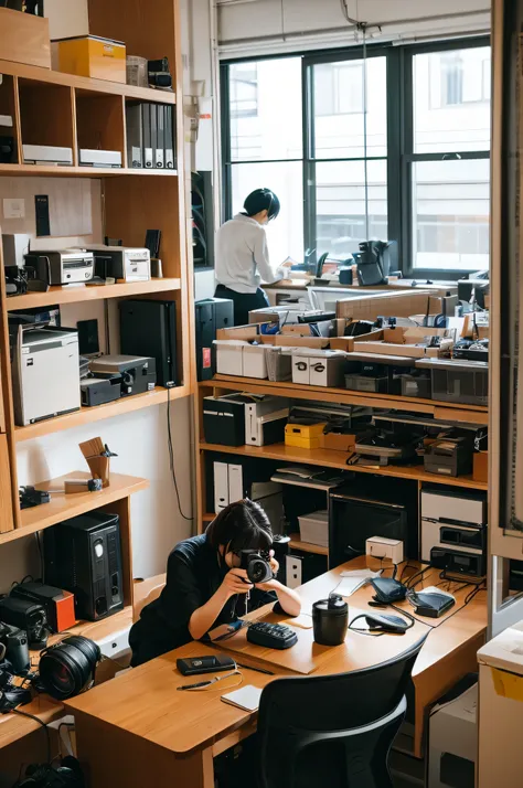 Inside the office, cameras and lenses are lined up on the shelves. A Japanese woman is photographing with a camera and lens at a workbench in the back of the office.