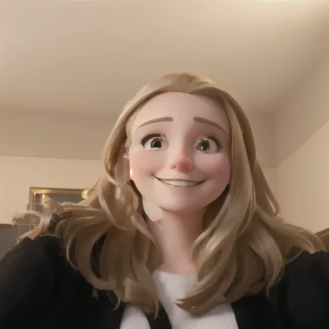 smiling woman with long blonde hair and black sweater in a room, headshot profile picture, front portrait, taken in the early 2020s, profile image, american lady, dimples on cheeks, HD photo, teeth smile, disney style photo