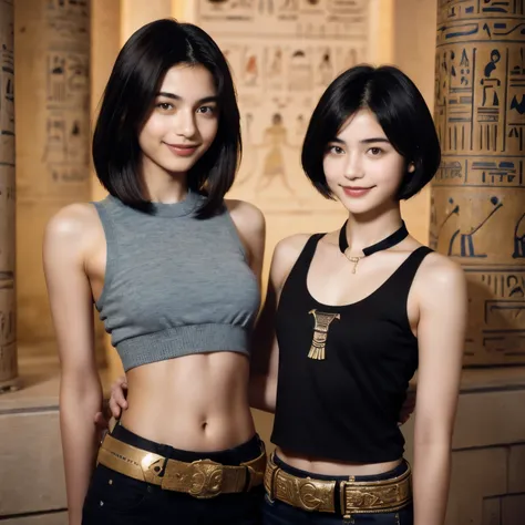 244 (An 18-year-old female and an 18-year-old male), short hair,kind, lipstick, Egyptian civilization, Waist belt, Hieroglyphics, smile