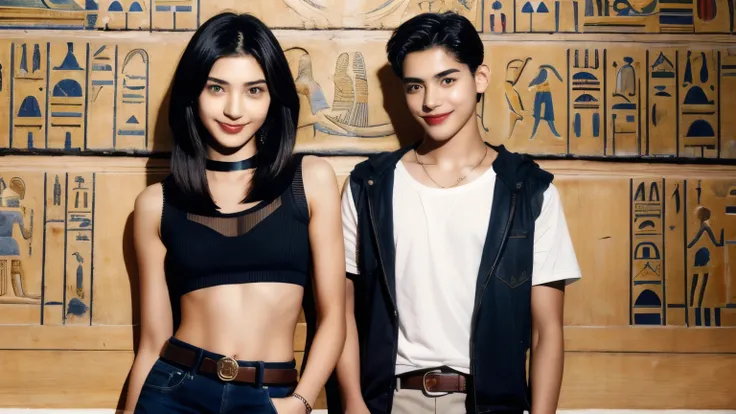 244 (An 18-year-old female and an 18-year-old male), short hair,kind, lipstick, Egyptian civilization, Waist belt, Hieroglyphics, smile