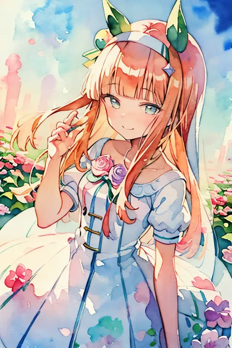 highres, ultra-detailed, masterpiece, 8K, 1 girl, kawaii wedding dress, happy smile, kawaii ribbon, (watercolor style illustration: 1.4), cute, lovely, beautiful, dynamic angle, (pastel colour:1.4), flower field, sunlight, pastel color,