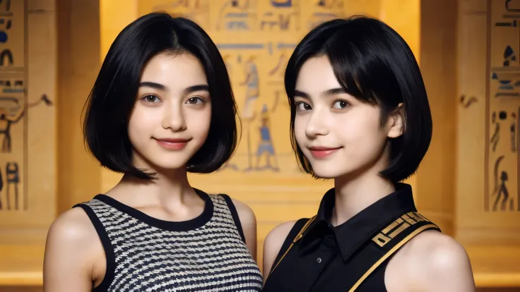 244 (An 18-year-old female and an 18-year-old male), short hair,kind, lipstick, Egyptian civilization, Waist belt, Hieroglyphics, smile