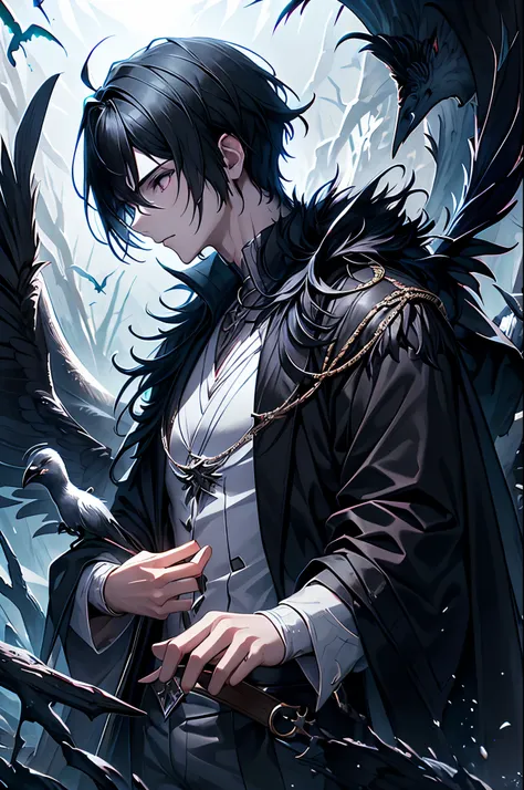 1 boy, black hair, black eyes, black feather jacket, crow, fantasy, side view, hand Forward, handsome, white skin, dark fantasy, dark forest, norse mythology, forest, short hair, teen