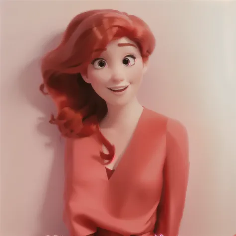 woman portrait, pixar style, Red Hair, Red Dress, Cute, 3D, Disney, Animation, Little Mermaid.