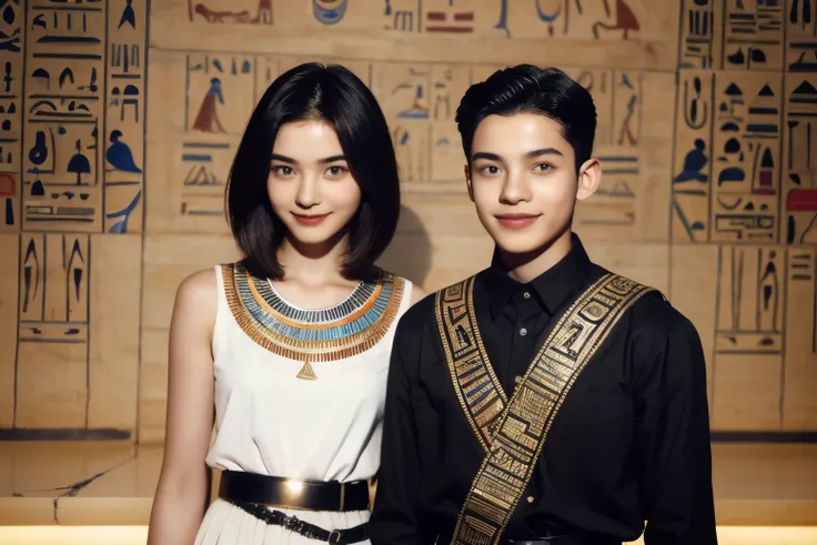 244 (An 18-year-old female and an 18-year-old male), short hair,kind, lipstick, Egyptian civilization, Waist belt, Hieroglyphics, smile