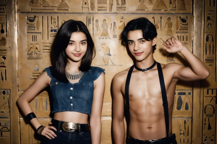 244 (An 18-year-old female and an 18-year-old male), short hair,kind, lipstick, Egyptian civilization, Waist belt, Hieroglyphics, smile