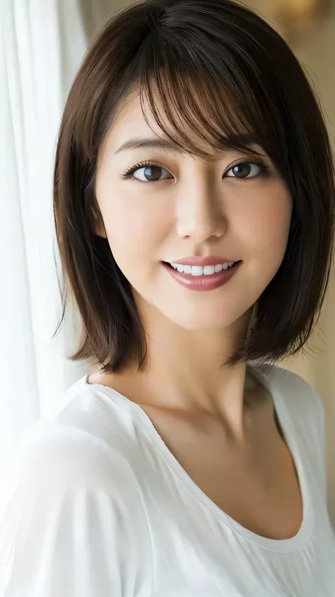 White tight t-shirt、White tight mile、Short sleeve、High resolution、Japanese、double eyelid、White teeth、Medium Hair、Black Hair,45 years old,E cup breasts,Big Breasts