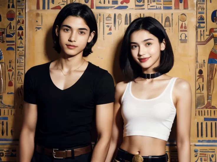 244 (An 18-year-old female and an 18-year-old male), short hair,kind, lipstick, Egyptian civilization, Waist belt, Hieroglyphics, smile