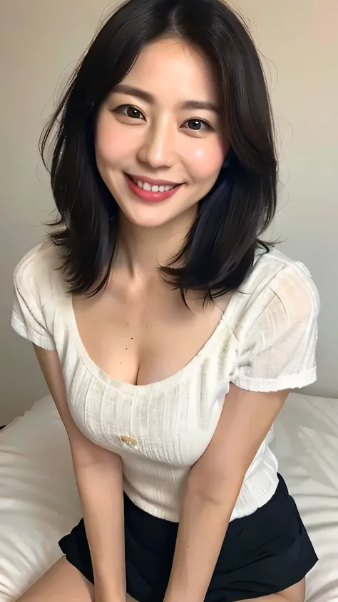 lingerie、White tight mini skirt、bed、smile、Short sleeve、High resolution、Japanese、double eyelid、White teeth、Medium Hair、Black Hair,45 years old,E cup breasts,Big Breasts.Natural Makeup