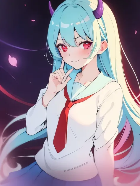 masterpiece，best quality，1 girl，red eyes，cyan hair，banya，end，purple corners smooth，white school uniform，smile，love gestures，sick