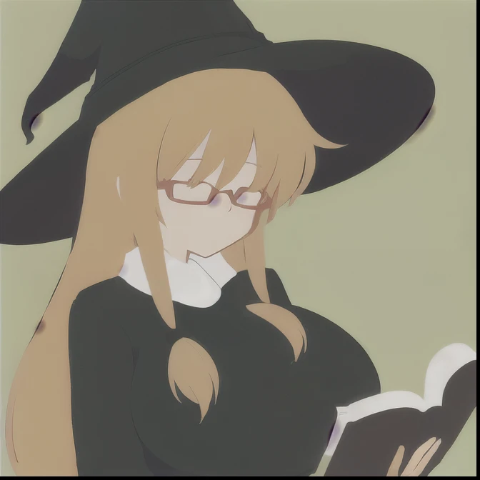 Anime Minimalist, One girl, alone, Flaxen Hair, Green background, hair ornaments, librarian,Glasses,hat,witch,(Turned to the side:1.5),(Reading a book:1.3),(Large Breasts.1.7),(Huge breasts:1.25),Braiding