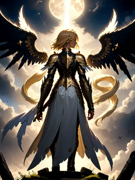 a model shot (taken from the back: 1.5), 16K, ultra detailed, masterpiece, best quality, (extremely detailed), arafed, dnd art, portrait, full body, aasimar, female, (Masterpiece 1.3, intense details), female, paladin, holy warrior, spread large feathered ...