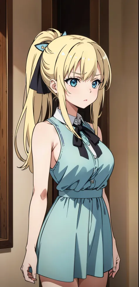 Seina Kashiwazaki, 1girl in, a blond, ponytail, hair ornament, (medium breast), dress, (cowboy_shot), indoors, sleeveless.