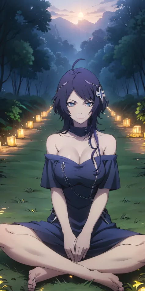 MC, ahoge, (long hari, purple hair:1.3), hair ornament, dark-blue eyes, breasts, epic art, fantasy, 1girl, grass, solo, barefoot, sitting, breasts, mountain, sunset, dress, bare_shoulders, outdoors, looking_at_viewer, off_shoulder, field, sky, lake, collar...