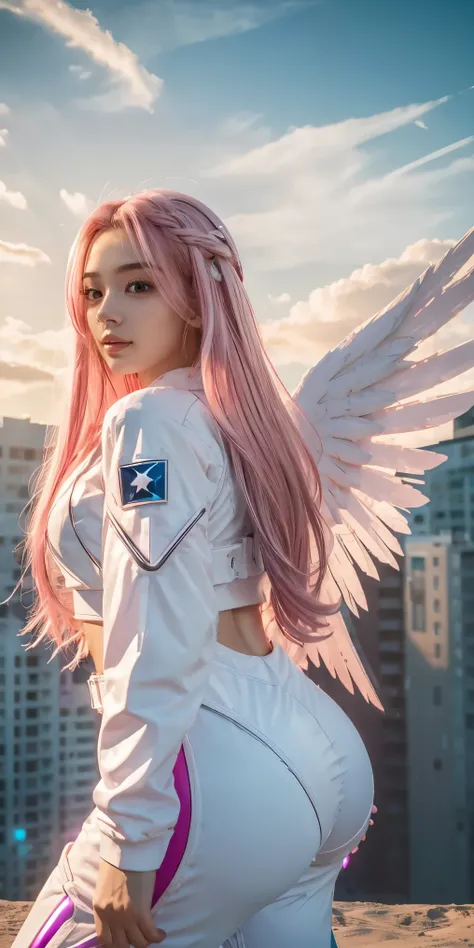 ((masterpiece, best quality, extremely detailed), volumetric lighting, ambient occlusion, colorful, glowing),
1girl, solo, young girl, (pink hair), long hair, halo, aura, sacred, godness, cyber suit, (white outfit:1.3), android, bot, angel wings,
outdoors...