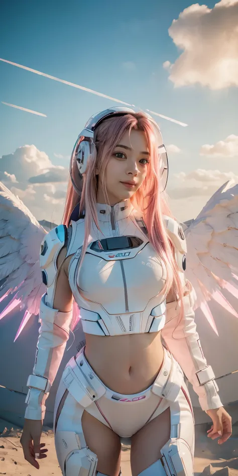 ((masterpiece, best quality, extremely detailed), volumetric lighting, ambient occlusion, colorful, glowing),
1girl, solo, young girl, (pink hair), long hair, halo, aura, sacred, godness, cyber suit, (white outfit:1.3), android, bot, angel wings,
outdoors...
