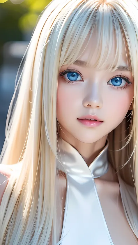 White shiny skin、Blonde hair color that changes with light、Long bangs obstruct the view、Glossy highlight on cheeks、The most beautiful face in the world、Super long gorgeous blonde hair、Smooth straight hair、Ample Bust、Large, sparkling, light blue eyes、Beauti...