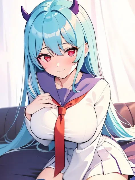 masterpiece，best quality，1 girl，Red Eyes，cyan hair，Banya，end，Purple corners smooth，White school uniform，Smile，Love gestures，Exposing breasts