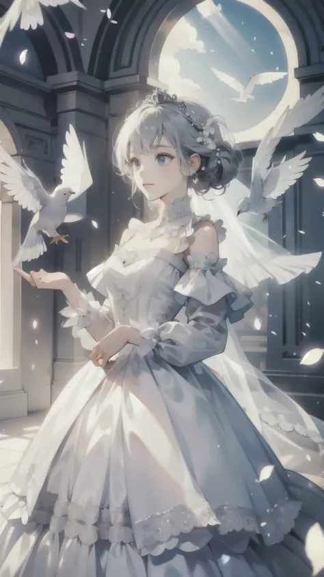 ((best quality)), ((masterpiece))  WEDDING PRINCESS DRESS, light ray, lens flare, white petals, doves