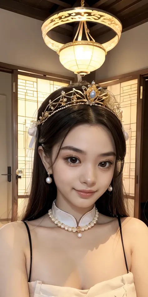 There is a woman in a cheongsam, 2 7 years old, 2 8 years old, 2 9 years old, 3 2 years old, delicate makeup, Ye Wen, 2 3 years old, round face, cute lian, gold tiara, pearl necklace, jade hairpin