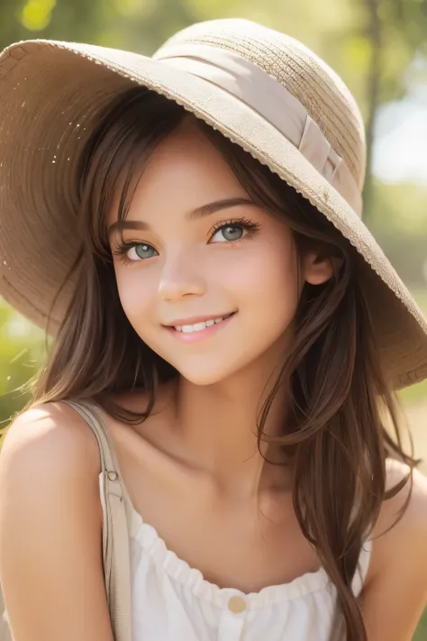 Beautiful and cute girl, smiling face, simple summer clothes, earth color clothes, natural color hat, small bag, bare shoulders, casual hairstyle, gray eyes