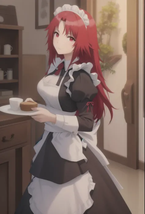 best quality, red hair,red eyes,masterpiece, highres, solo, (maid:1.40), (long maid dress:1.15),
