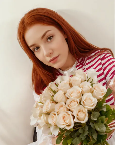 (Best quality), girl with red hair holding a bouquet of white roses, Realistic photo