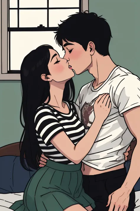 Amazing portrait of a sexy and  woman  wearing a black and white striped t shirt and a dark green skirt kissing and making out passionately with a shirtless boy on the bed in an intimate setting