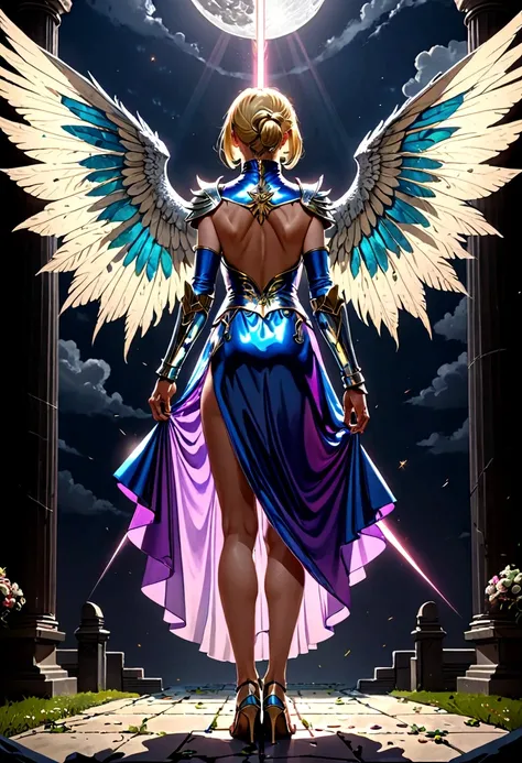 (a back view model shot taken from the rear: 1.5), aasimar, female, (Masterpiece, intense details: 1.3), female, paladin, holy warrior, short blond hair, determined face, full body, armed with sword, holy symbol, (wings sprouting from the back: 1.3) spread...