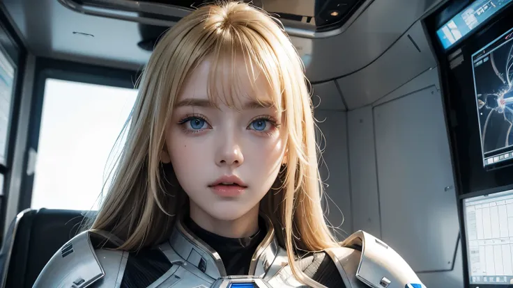 One beautiful woman。Blonde hair and blue eyes。Twenty years old。She has her bangs down。Detailed drawing of faces。Beautiful double eyelids。Straight nose。Well-shaped lips。She wears a metallic white battle suit.。She sits at the command center of a spaceship.。
