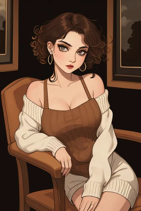 Amazing portrait of a sexy woman with a feral look in her eyes as shes sitting back in her chair with one leg crossed over the other wearing an oversized sweater that is showcasing her bare shoulders and her cleavage her brown hair is curly and messy and h...