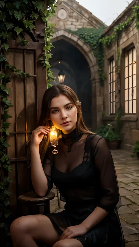 hyper realistic image of an old courtyard with a complicated ancient iron gate, foggy, a beautiful young girl made of glowing smoke and a transparent closeup face sitting on a chair, like a spirit, in front of her sits a man who is looking at her, the back...