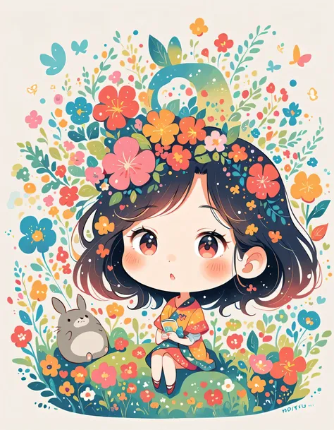 Hayao Miyazaki Style、The most beautiful girl of all time、Lips in Love、Colorful flowers、Simple line initials、Abstract art、Paris Background, (((chibi))), Totoro Forest