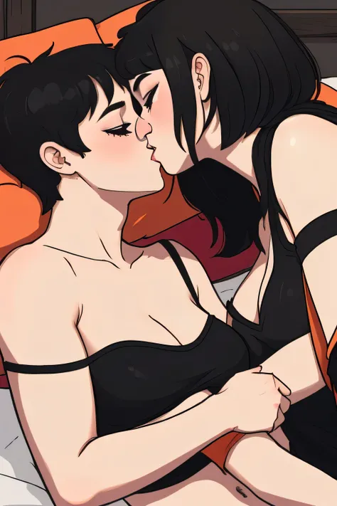 Amazing portrait of a cute goth woman with her short black hair in a bob hairstyle with heavy eyeliner around her eyes wearing an off shoulder t shirt that is orange and black with black bra straps kissing and making out passionately with a shirtless boy o...