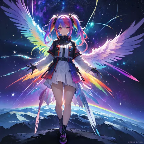 ((Archangel　Fantasy　Rainbow Hair　Make your hair rainbow-colored on the inside　Twin tails　Dull red eyes　Has a galaxy　uniform　Put on a coat without putting your arms through it　Wings many times larger than mine　rainbow gradient feathers　Lonely　Smiling Kindly...