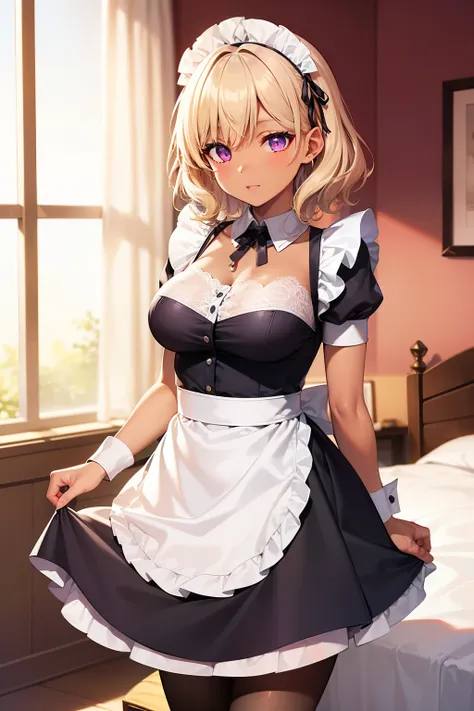 (tabletop, highest quality, super detailed), one girl, purple eyes, blonde hair, dark skin, short hair、perm hair、((pantyhose))、(...