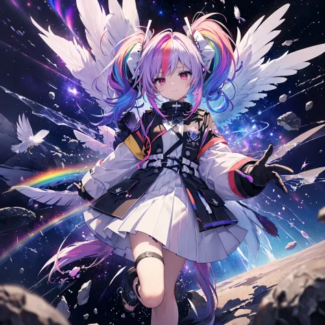 ((archangel　fantasy　rainbow hair　make your hair rainbow-colored on the inside　twin tails　dull red eyes　has a galaxy　uniform　put ...