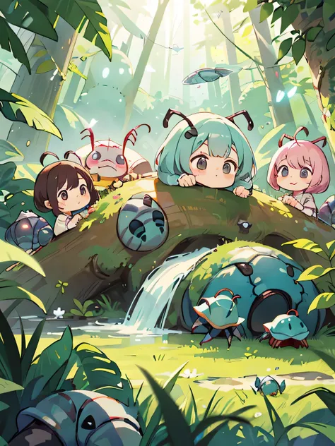 Watase Seizo style, Kawaii Design, (((10 people)))、most beautiful girl ever、Chibi, Colorful bob hair、((Lots of friends))、(((Cute pillbug)))、Totoro Forest