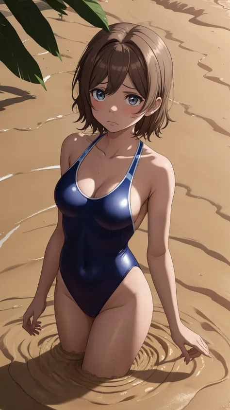 (Masterpiece), 8k wallpaper, solo, Watanabe you, one-piece swimsuit, v-neck, low cut at hips, worried, upset, (quicksand:1.2)