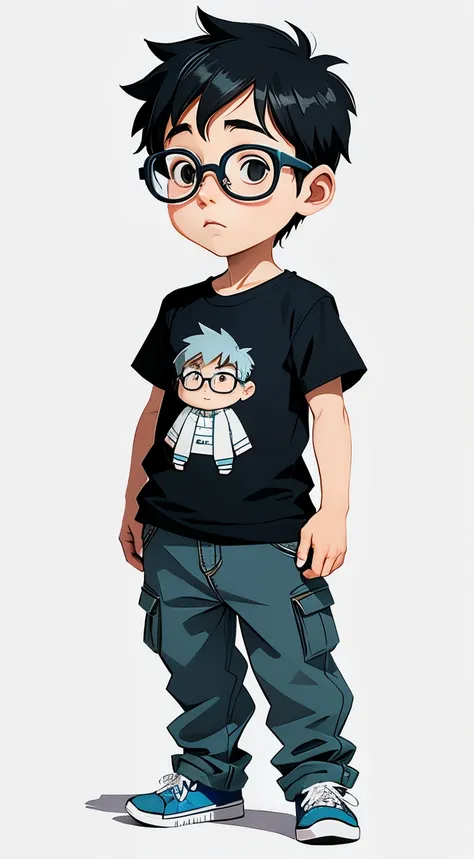 Little boy with glasses。Estilo de vetor de desenho animado, mudar!, imagens de avatar， estilo anime plano, Minimalismo de desenho animado, arte vetorial plana, flat illustration, Desenho animado fofo, bravo, pele mais escura