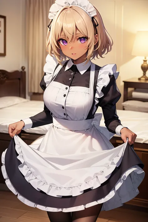 (Tabletop, highest quality, Super detailed), One Girl, Purple eyes, Blonde Hair, Dark Skin, Short Hair、Perm Hair、((pantyhose))、(Bedroom)、((Maid clothes))、Long skirt