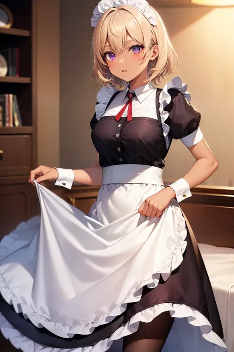 (Tabletop, highest quality, Super detailed), One Girl, Purple eyes, Blonde Hair, Dark Skin, Short Hair、Perm Hair、((pantyhose))、(Bedroom)、((Maid clothes))、Long skirt