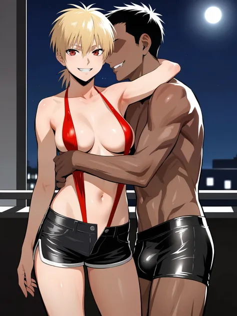 score_9, score_8_up, source_anime, standing, hellsing, seras, blonde hair, nude, indoors, night, night sky, nighttime, vampire, smirk, fangs, ikuchan, balcony, town background, clothed, male wearing shorts, muscular male, medium breasts, boyfriend, couple,...