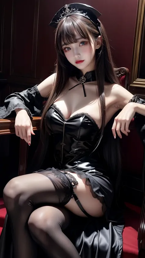 Hard Dark Gothic Makeup、Deep Night Sky、Horror、Black dark eyeshadow、sad、Good skin radiance、Dark Gothicメイク、Dark smile、palace、24-years-old、Embarrassed look、Dark Gothic、Obscene language、highest quality、Drunk face、紫のMaid clothes、Mysterious、Noble、sexy、Loving smi...