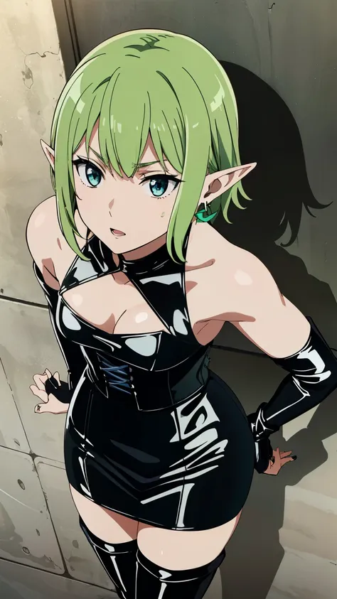 masterpiece,highest quality,anime,2D,Detailed face,
1 girl, alone, pointy ears, green hair, goblin, blue eyes, short hair,green hair,(Long gloves covered in black latex down to the fingertips), (Black latex corset dress), (Halter neck corset dress), (Black...