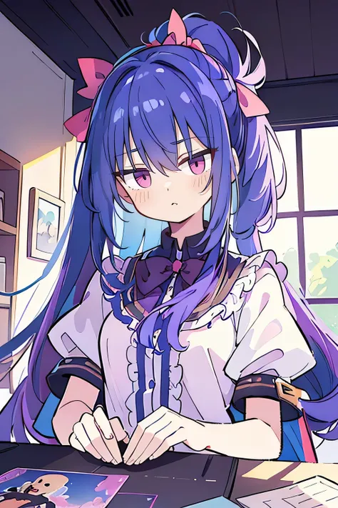 (Best Quality: 1.3), (Masterpiece: 1.3), (Illustration: 1.3), (Ultra Detailed: 1.3), (Imide Lens: 0.9), 1girl, Medium Breasts, Purple Eyes, ((Dark Blue Hair) ), hair accessories, young, clothing-gladiia, long hair, dark blue hair, indoors, black shorts, hi...