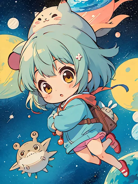 Hayao Mayazaki style, Kawaii Design, The most beautiful girl of all time、Chibi,  totoro, Space Travel