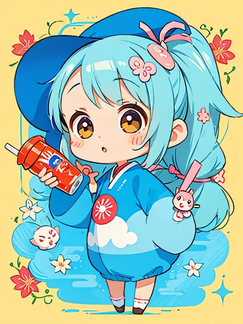 Hayao Mayazaki style, Kawaii Design, The most beautiful girl of all time、Chibi, drinking, Pepsi