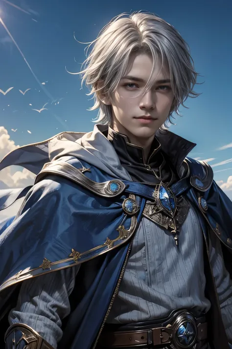 One boy,Front facing,Slightly smiling face,Western style,Wizard,Silver Hair,blue sky,Fantasy