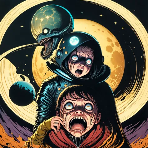 A frightened Italian astro-girl, in a black leather space suit, holding a baby Xenomorph, escaping her captors on one of the moons of Jupiter, HD, 8k, featuring highly detailed facial features and cartoon-style visuals, by Brian Bolland, By Mike Ploog, lur...